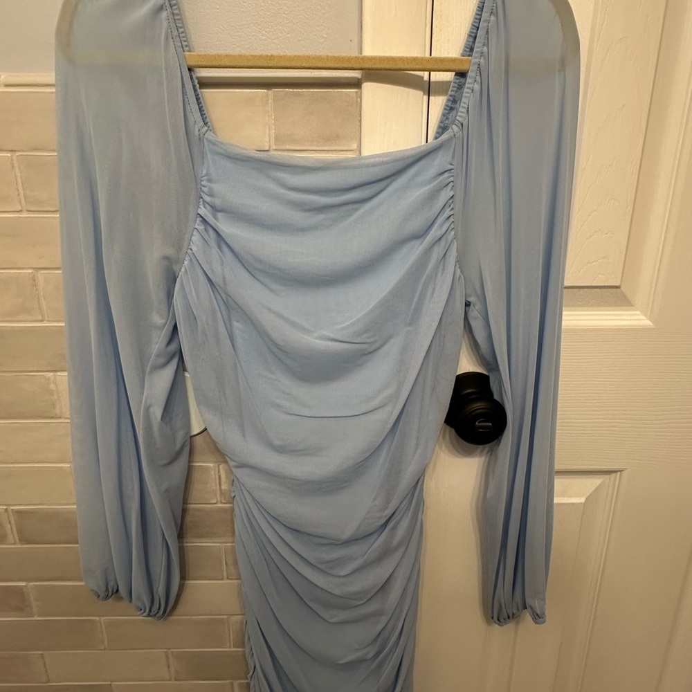 Light Blue Ruched Long Sleeve Dress